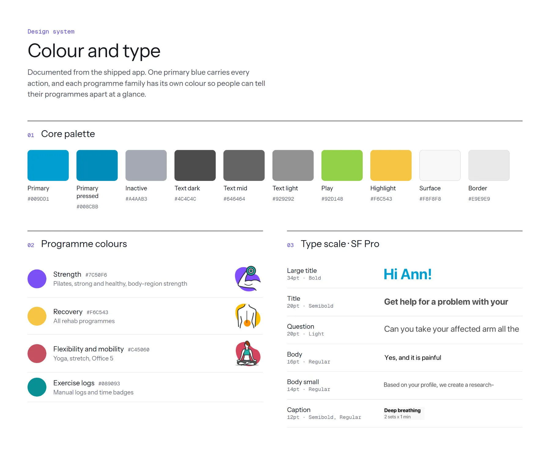 Colour and type board: core palette, programme colours and the SF Pro type scale