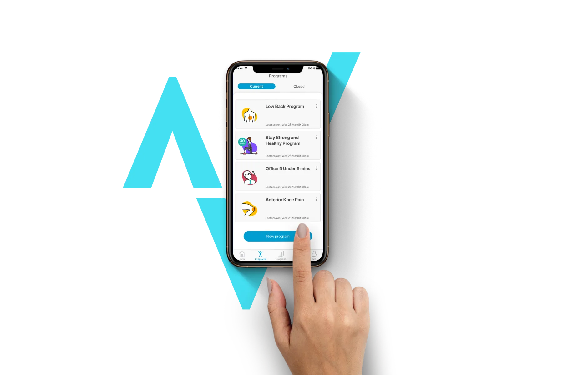 The TrackActive Me app on a phone, with a finger tapping New program