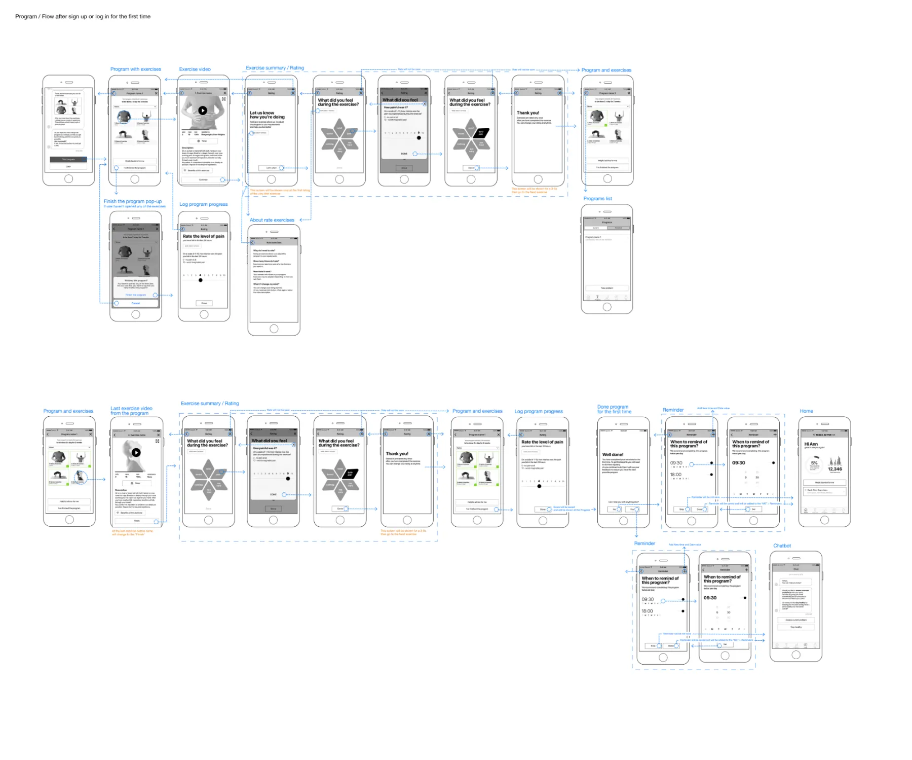 Wireframe programme flow after first sign-up: programme with exercises, exercise video, rating how it felt and pain level, logging progress, finishing the programme, setting reminders and home
