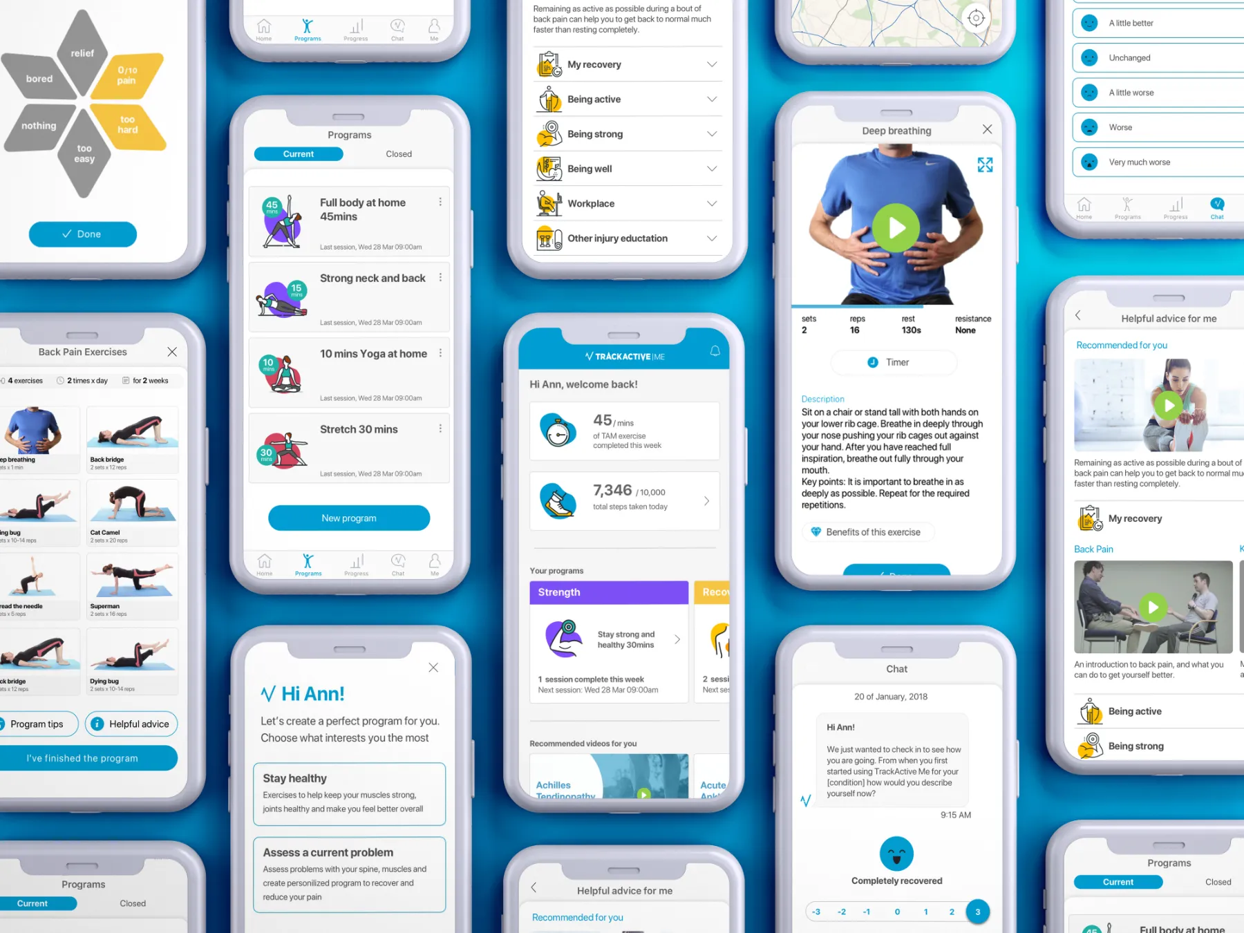 The redesigned app across a spread of phones: programmes, the home screen, an exercise with video, helpful advice, the chat check-in and pain feedback