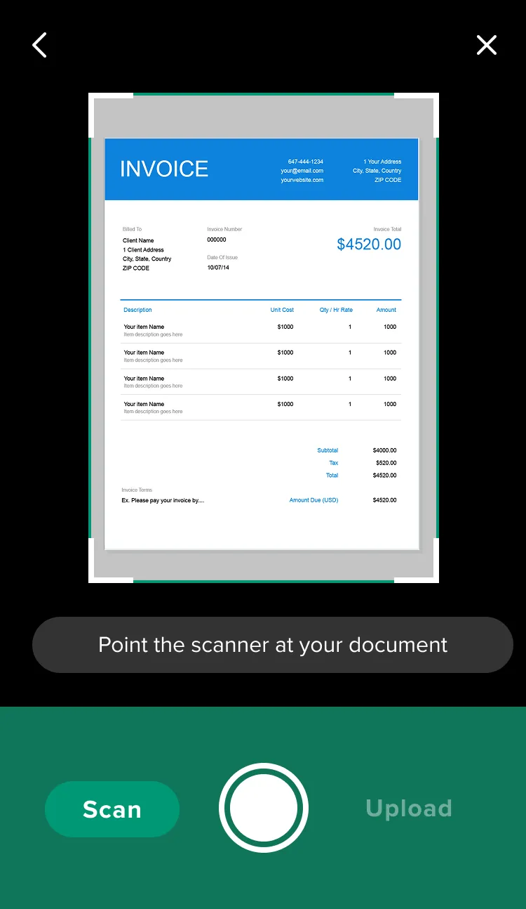 The invoice scanner: a sample invoice framed by green corner guides, with the prompt Point the scanner at your document, and Scan and Upload options