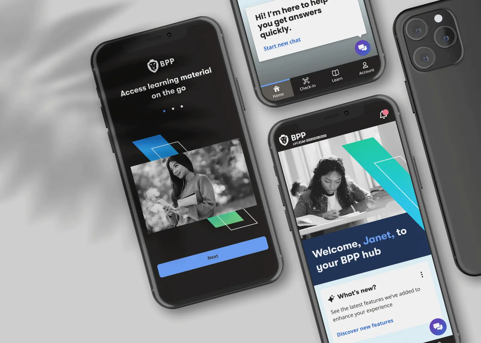 Three BPP learner app screens on phones: learning material, the chatbot and the welcome hub