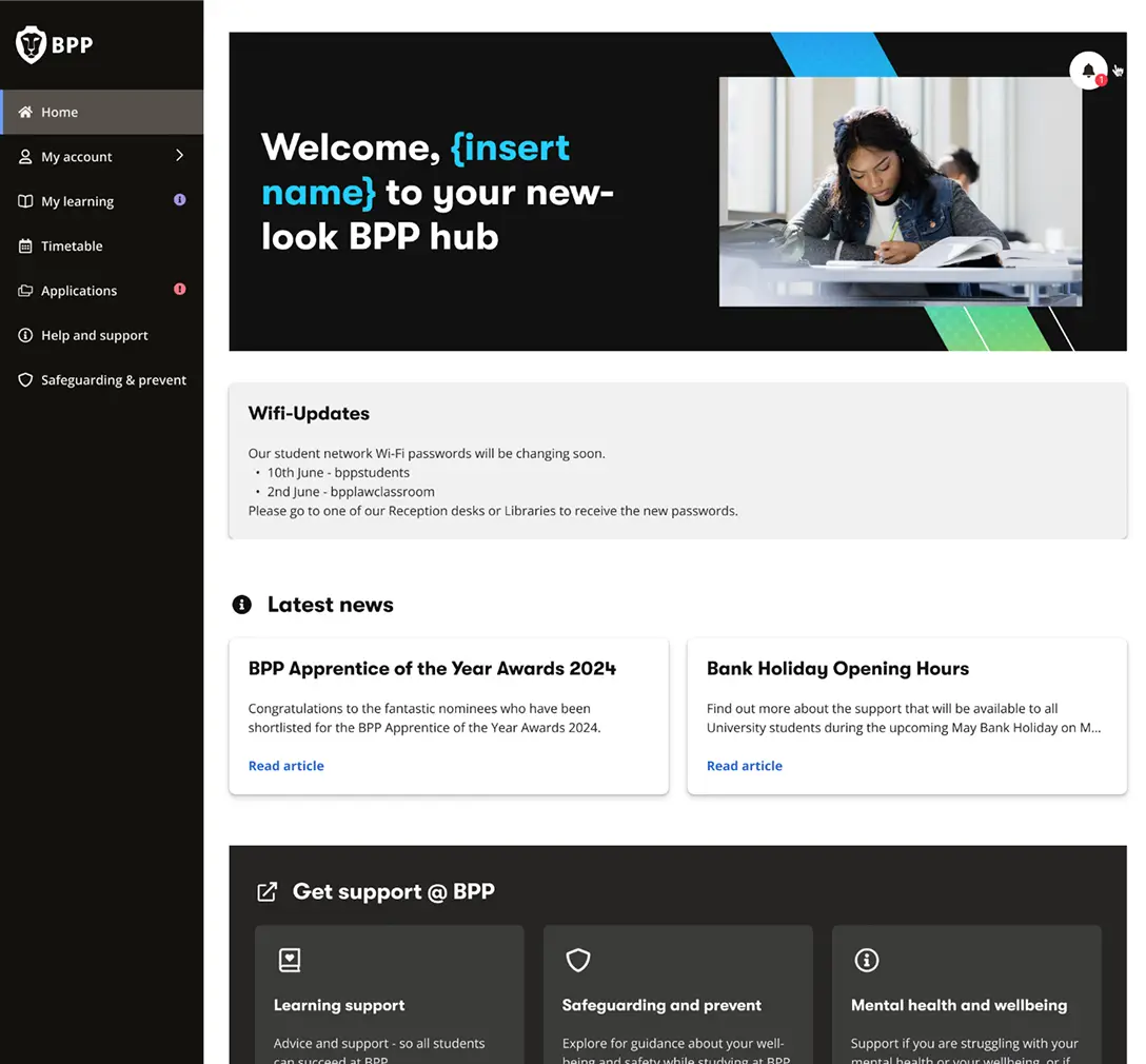 The old BPP Hub homepage: a welcome banner, a Wi-Fi notice, news cards and a block of support links