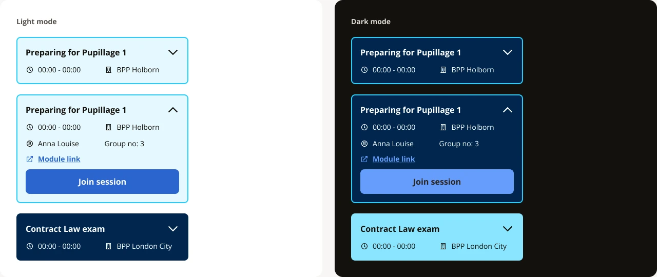 The event card in light and dark mode, collapsed and expanded, for a session and an exam