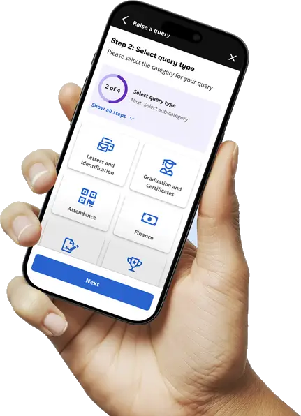 A hand holding a phone showing step 2 of Raise a Query: choosing a query type, with a 2 of 4 progress ring