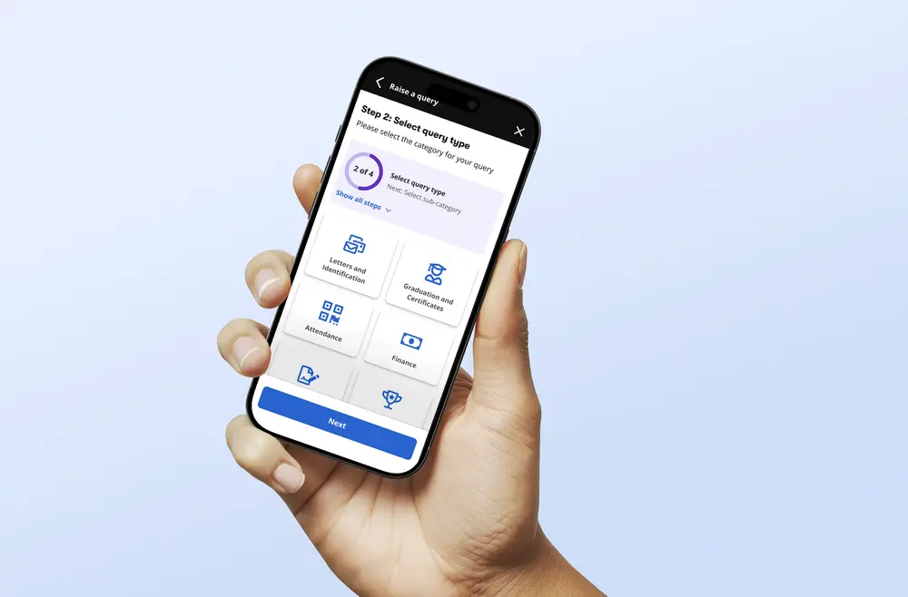 A hand holding a phone showing step 2 of Raise a Query: choosing a query type