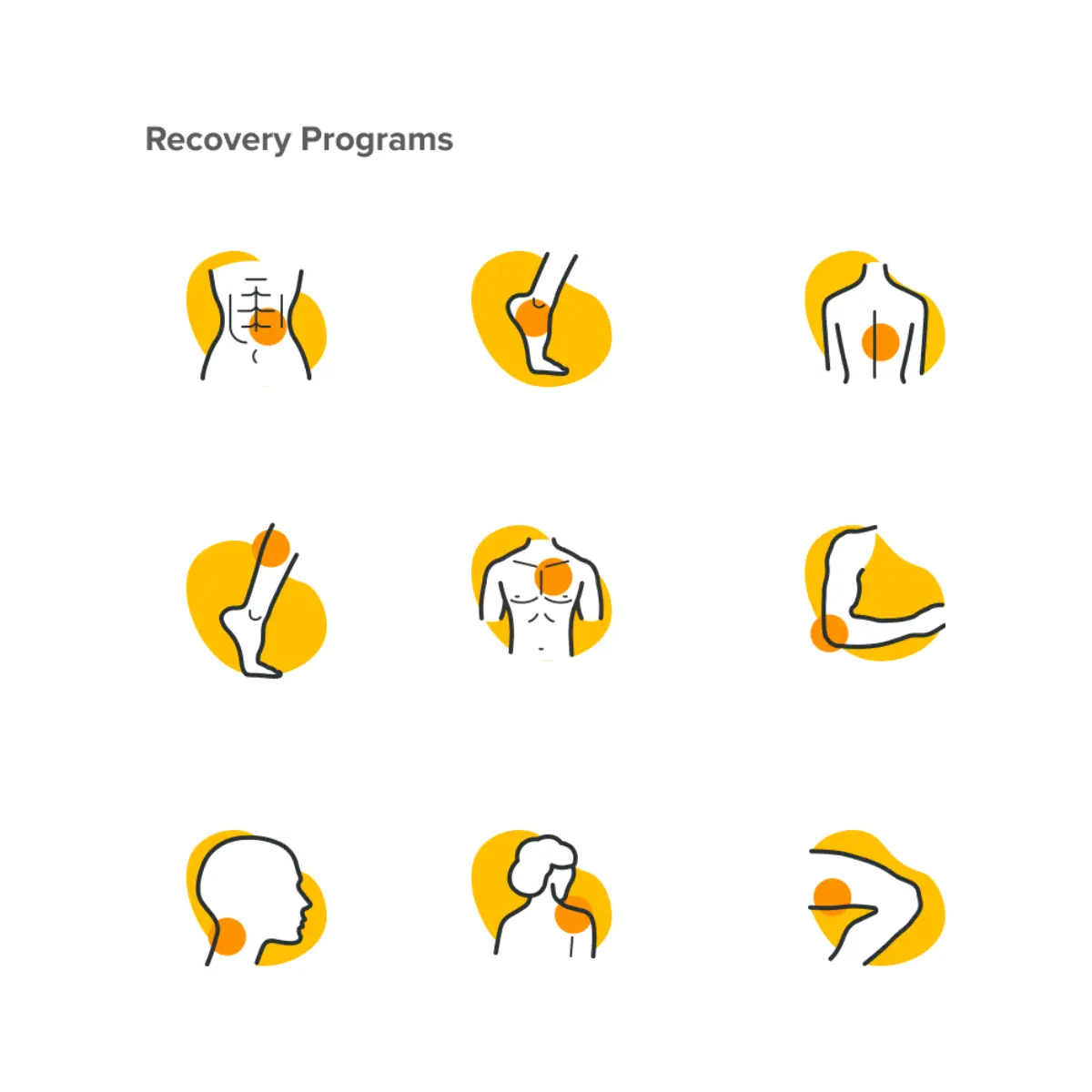 Bespoke recovery programme icons for back, knee, shoulder, neck and other areas