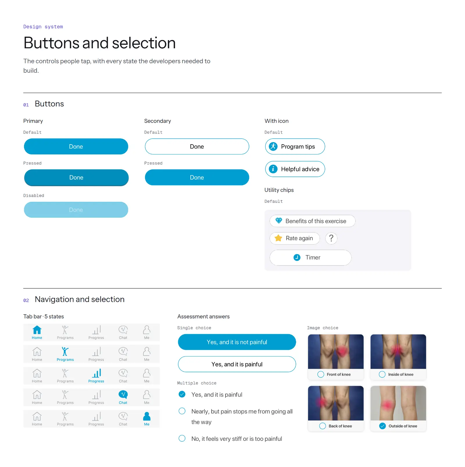Buttons and selection board: primary, secondary and icon buttons with states, utility chips, the tab bar and assessment answer controls