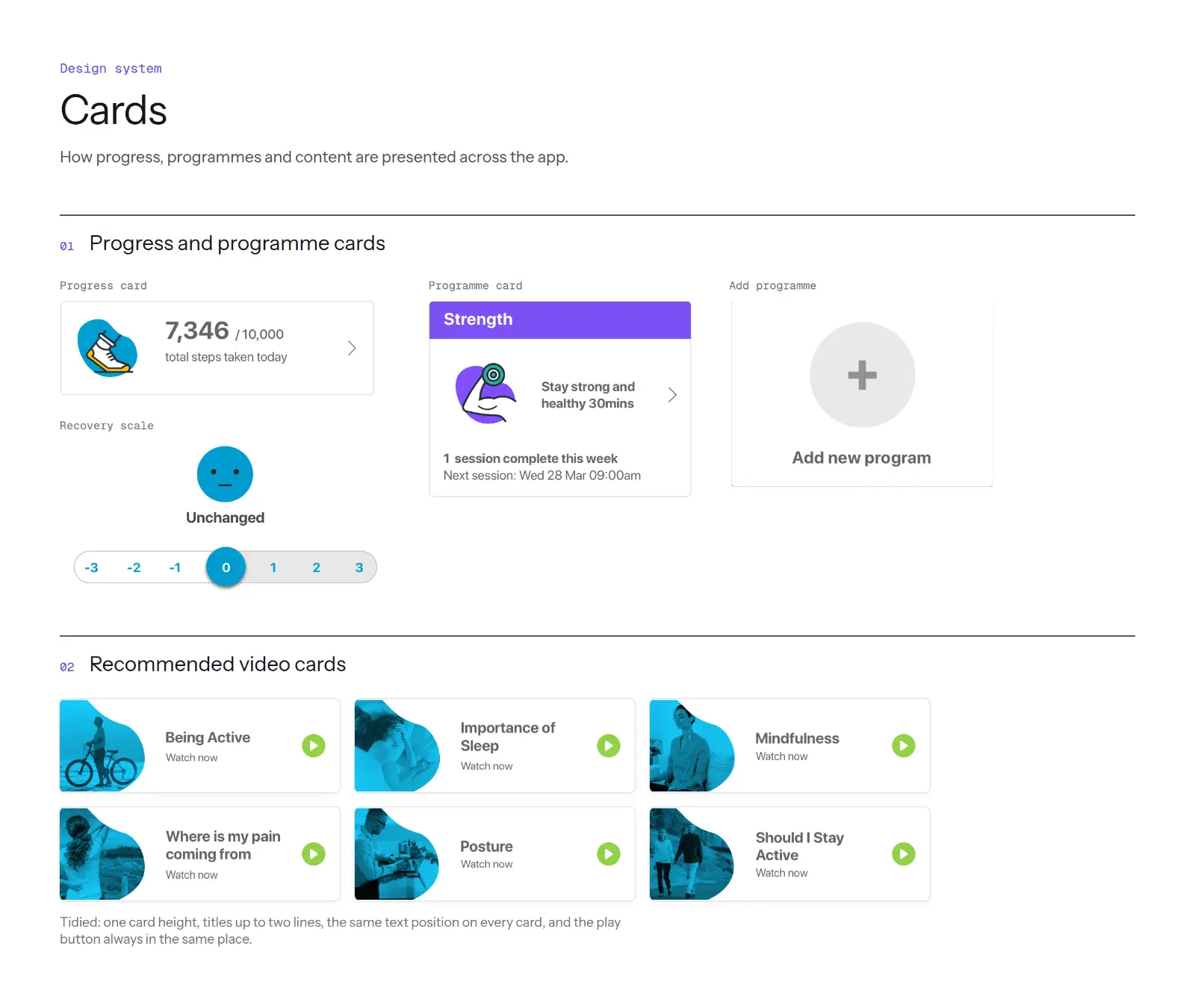 Cards board: progress, programme and add-programme cards, the recovery scale and recommended video cards