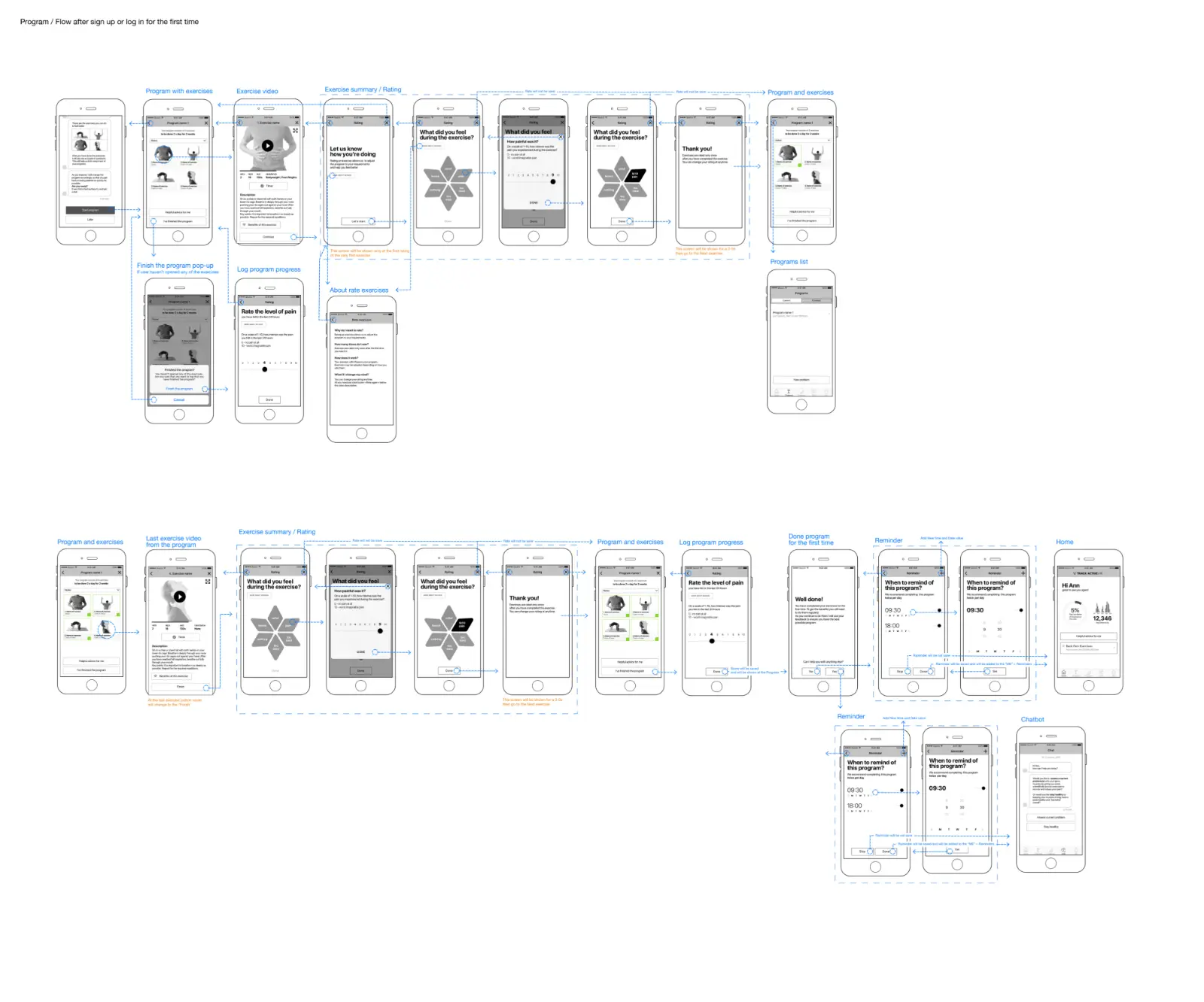 Wireframe programme flow after first sign-up: programme with exercises, exercise video, rating how it felt and pain level, logging progress, finishing the programme, setting reminders and home