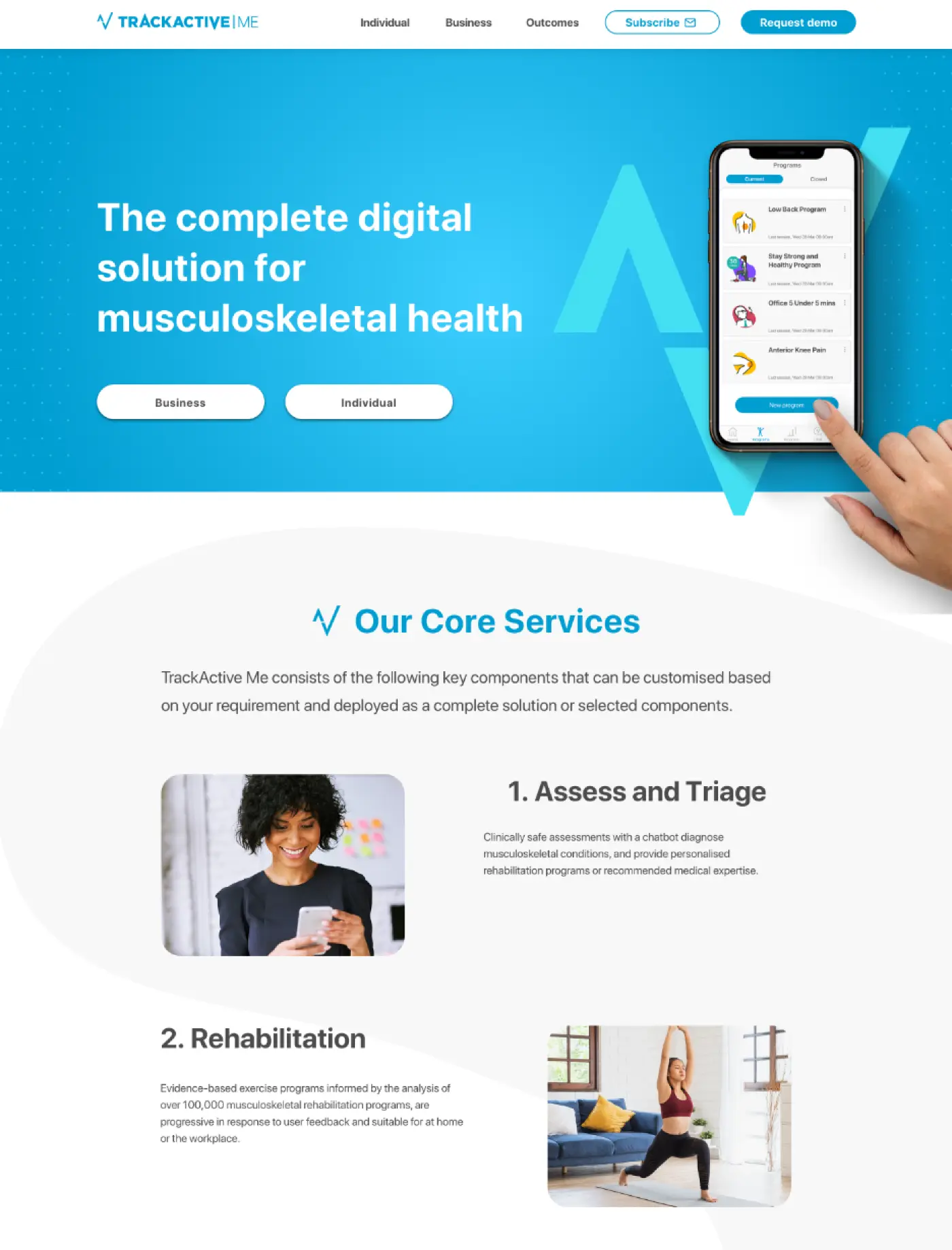 The TrackActive Me marketing site: the hero, and the core services, Assess and Triage, and Rehabilitation