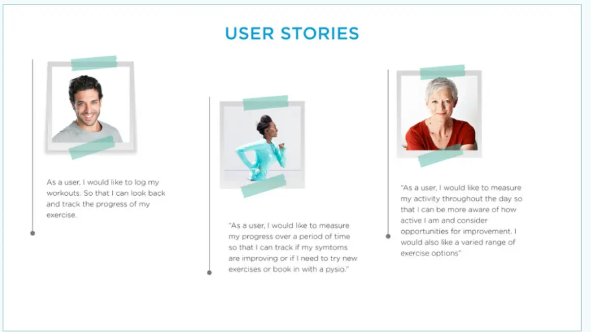 Three user stories with what each user wants from the app