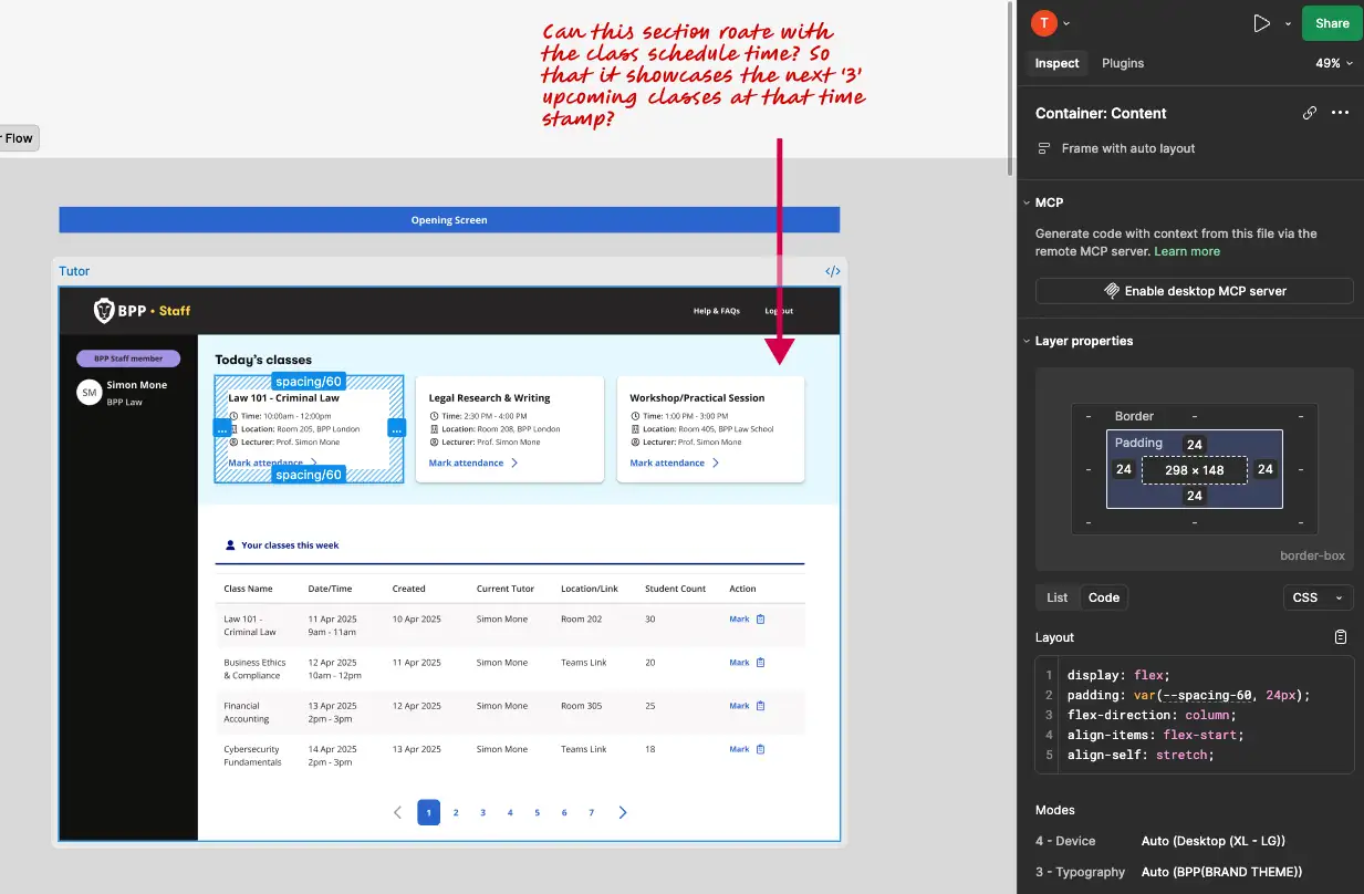 The tutor dashboard in Figma, with spacing tokens in Inspect and a design note on rotating upcoming classes.