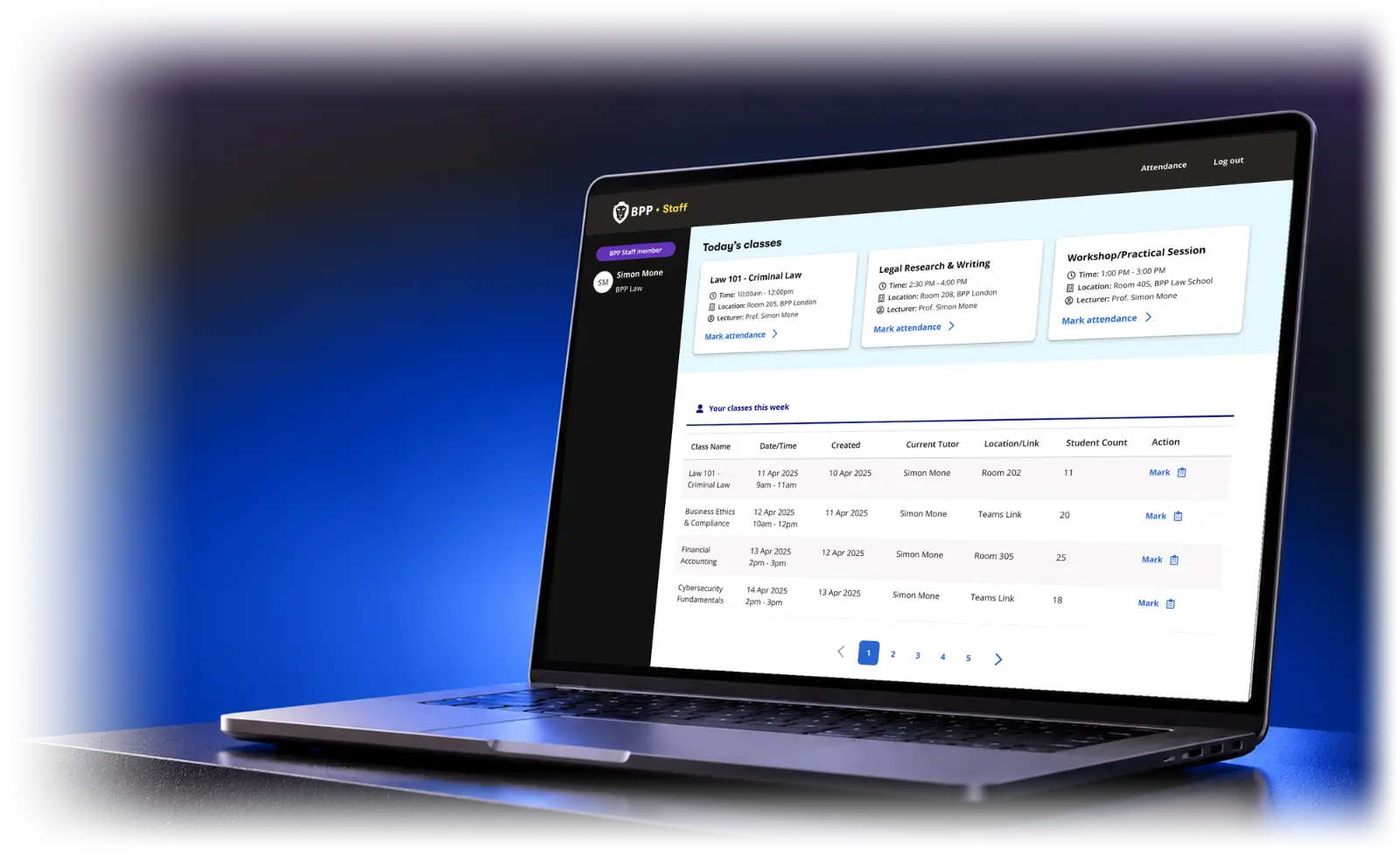 The BPP staff portal dashboard on a laptop: today's classes and the week's registers