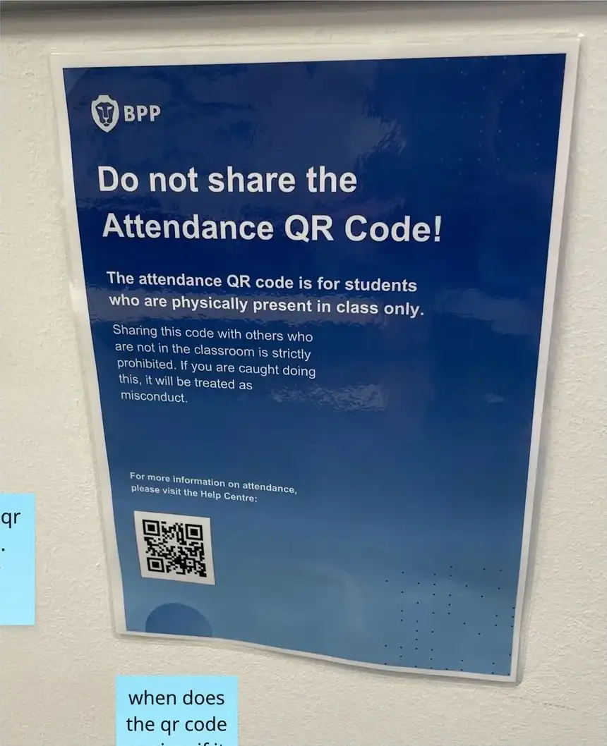 ‘Do not share the Attendance QR Code.’ A warning on a classroom wall.