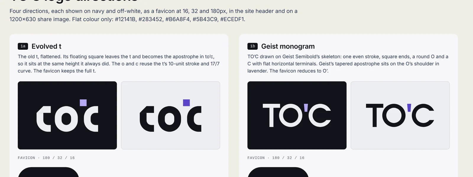 Explored directions: an evolved toc wordmark and a Geist monogram, each on navy and off-white