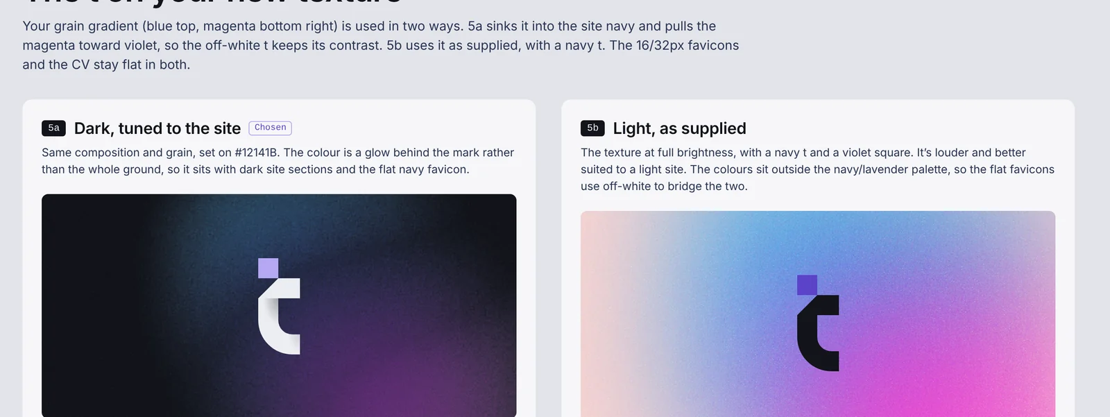 The logomark on a dark grain texture, next to a lighter version